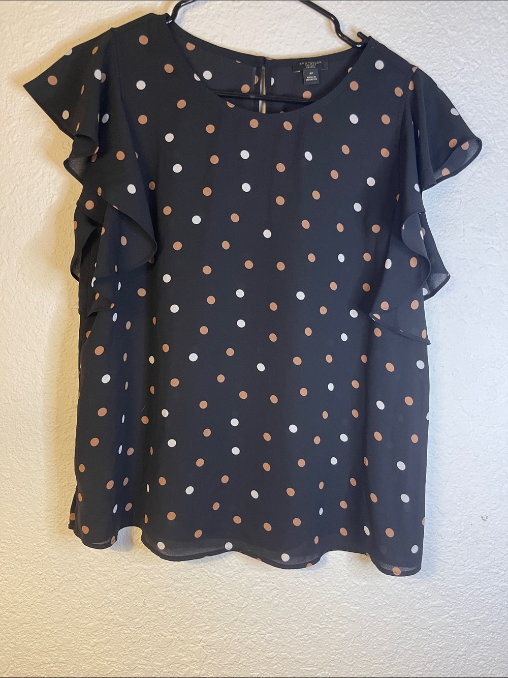 Ann Taylor Black Blouse with White and Tan Polka Dots Size MP